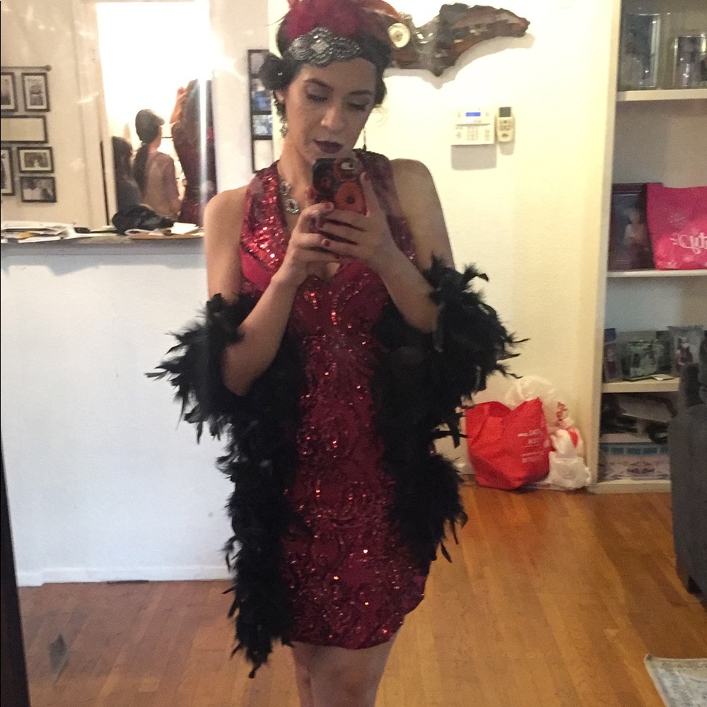 Burgundy sequin dress.